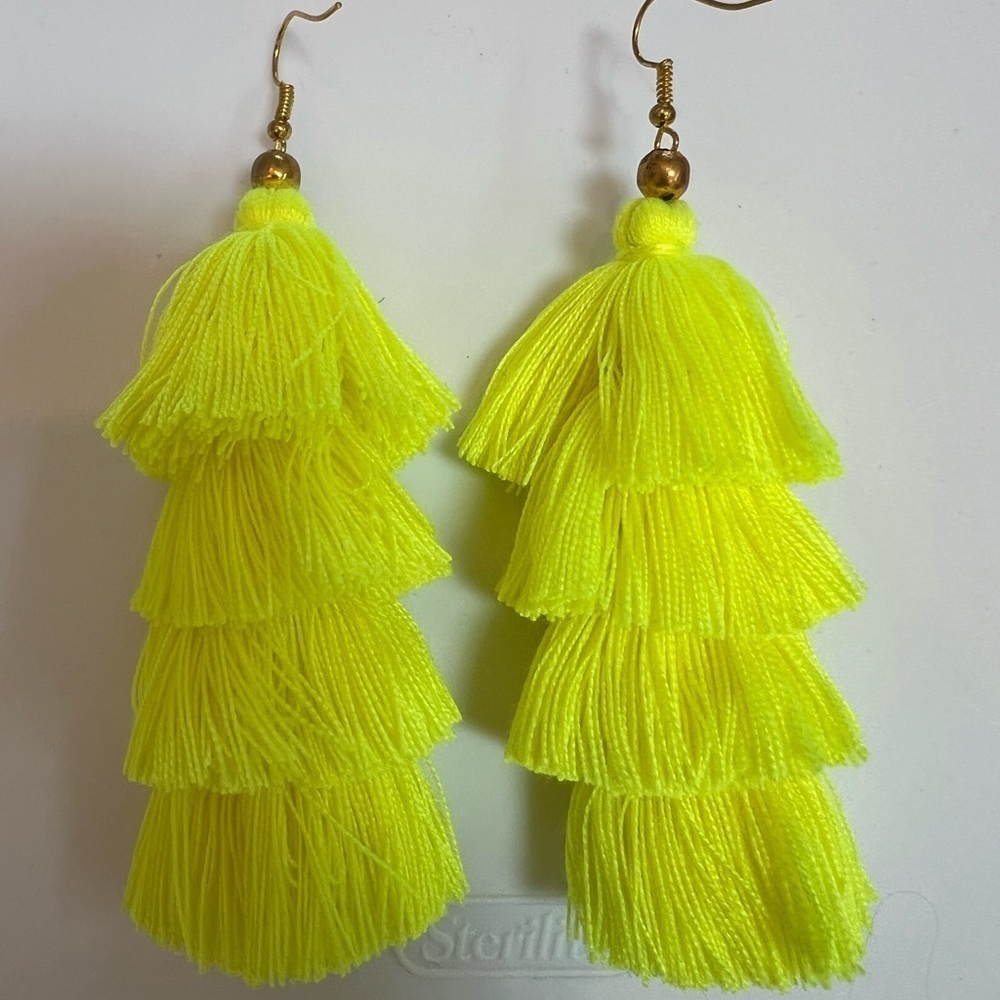 Neon Yellow Tassel Earrings - Picture 4 of 4